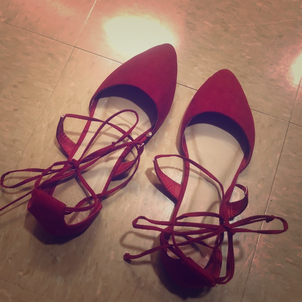 Red ankle wrap flats.